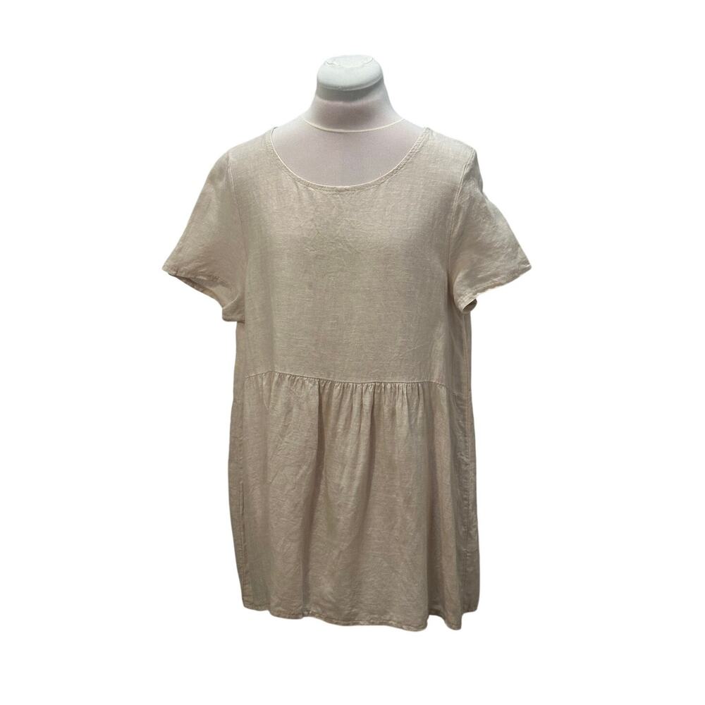 FRANCESCA BETTINI Made In Italy Lt Tan 100% Linen MED Babydoll Top Minimalist
